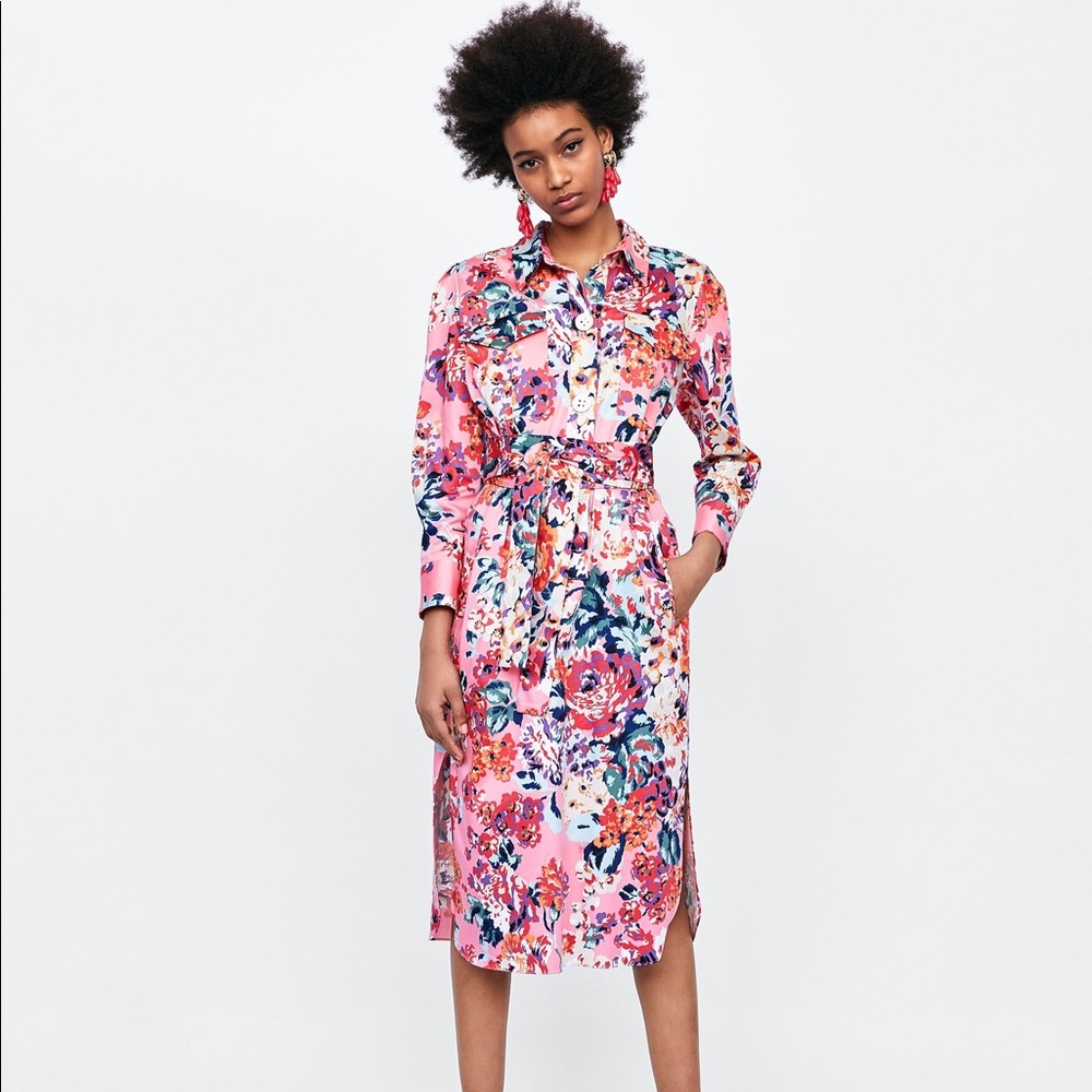 Zara Pink Floral Shirt Dress NWT